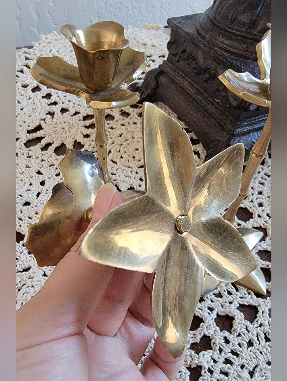 Set of 3, Vintage India Solid Brass Candle Holders - Picture 7 of 15